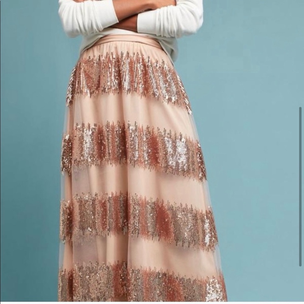 🆕 Anthropologie Eva Franco Blush Rose Sequin Tulle Maxi Skirt - Picture 2 of 10